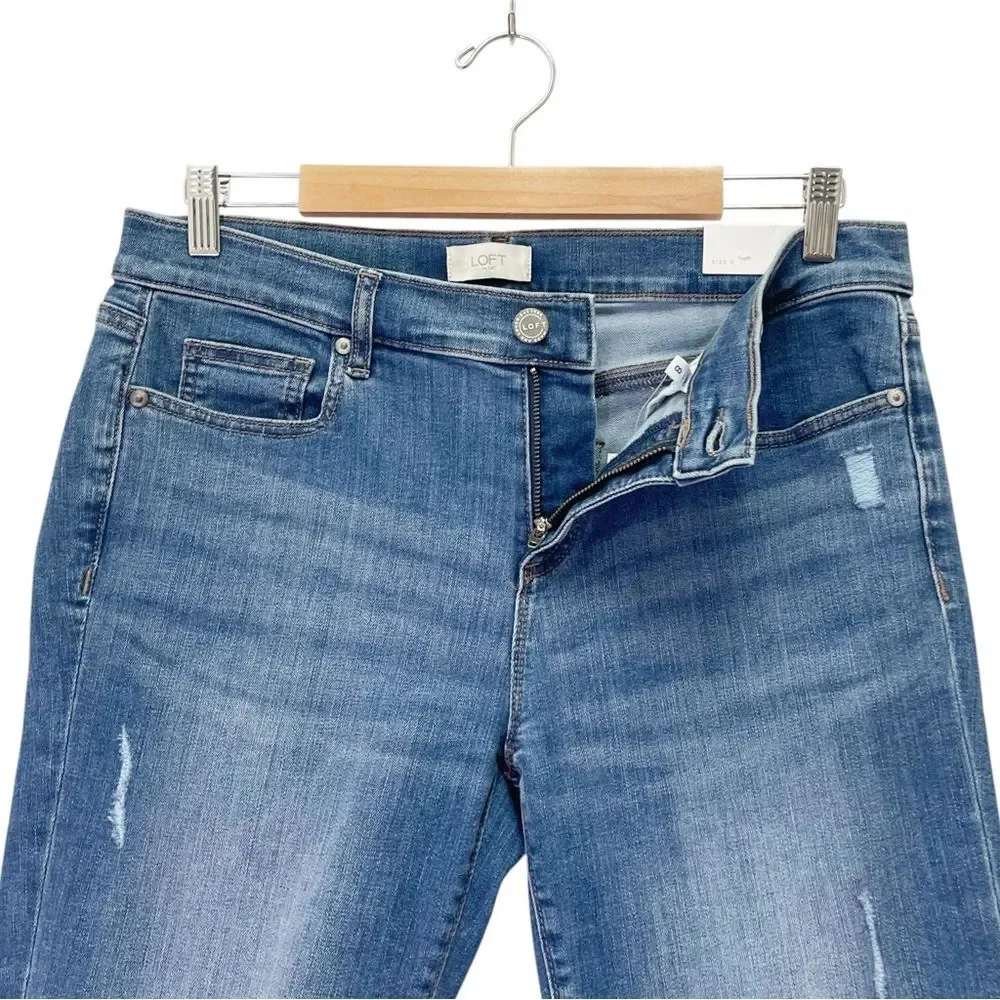 NWT LOFT Bermuda Roll Denim Shorts Size 8 Medium Wash Distressed Cuffed Stretch